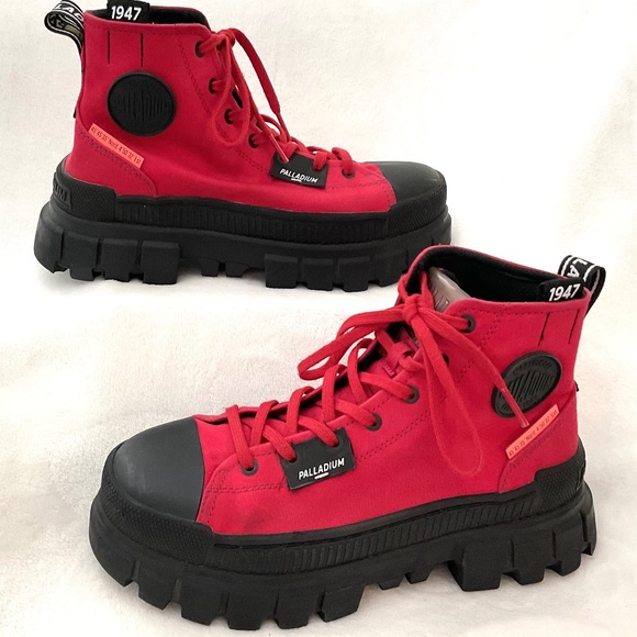 Red Palladium Platform Boots Womens Canvas Chunky Y2K Grunge Bootie Sz 7.5 - Picture 1 of 14